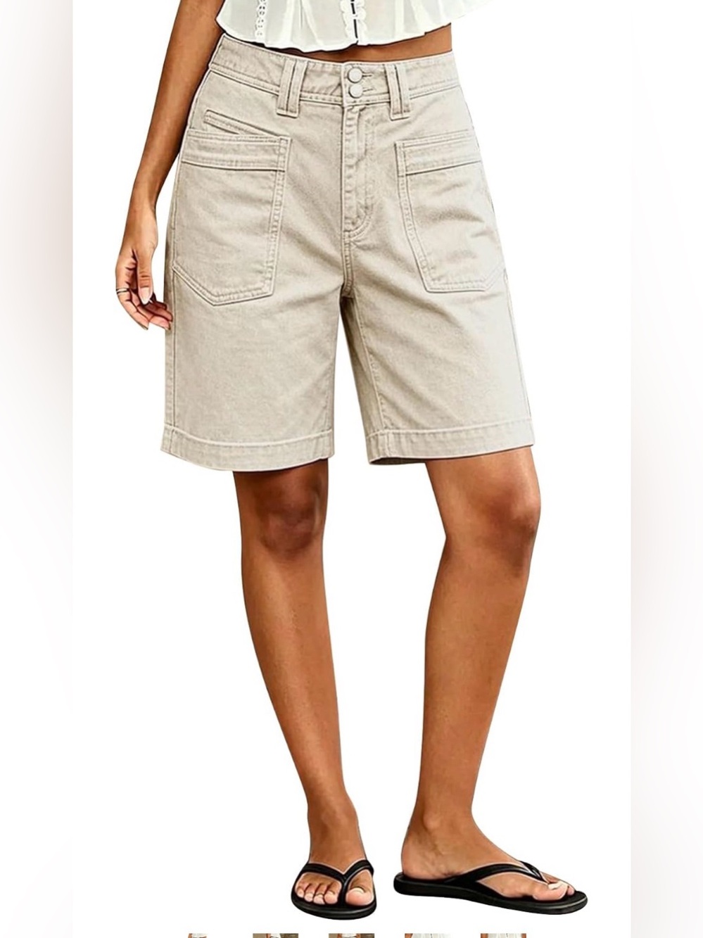 Flamingals High Rise Bermuda Shorts Dual Button Roll Hem Solid Keen Length Trend
